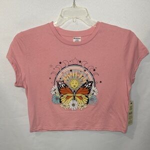 Pink Crop Top with Butterfly and Sun Design Size Medium
